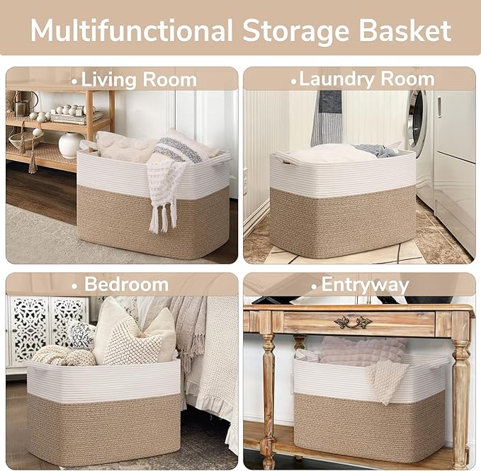 Goodpick Large Woven Blanket Basket 105L, 25"x16"x16" Cotton Rope Organizer for Toys, Dirty Clothes, Extra Large Rectangle Storage Basket for Living Room, Bedroom, White & Brown