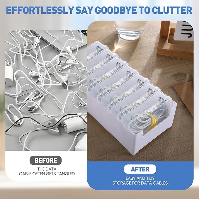 2 Pack Cable Organizer Storage Box with Wire Ties, Desktop Charger Cord Storage Organizer Box, Charger Organizer with Clear Cases Stickers for Office Home Storage Stationery Supplies, Medium