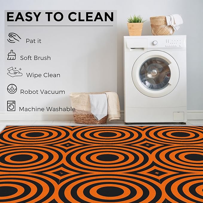 4x5 Geometric Circle Rugs for Bedroom Decor, Washable Retro 60s 70s Geometry Pattern Area Rug, Living Room Home Decoration, Non Slip Soft Thin, Black Orange Decor Carpet PF-P 49