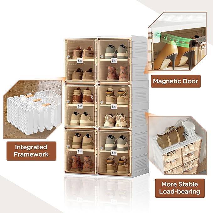 ANTBOX Shoe Organizer Storage Box, Portable Folding Shoe Rack For Closet With Magnetic Clear Door,Large Sneaker Cabinet Bins Sturdy Easy Assembly 6 Layers-12 Grids