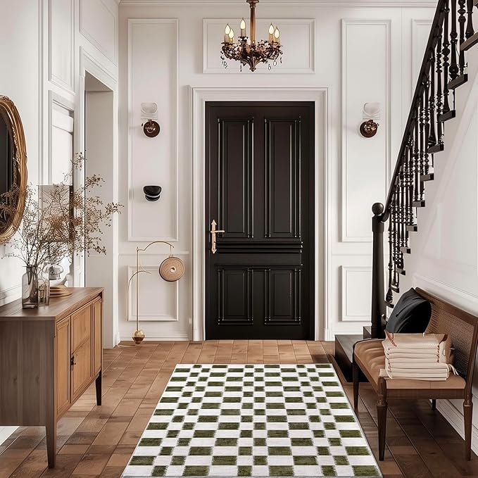 EVERGRACE Checkered Plaid Area Rug 3x5, Soft Fuzzy Faux Wool Rugs Washable Anti Slip Rugs Small Rug Carpet for Entryway Bedroom Living Room Hallway Kitchen Dining Room and Laundry Room, Olive Green