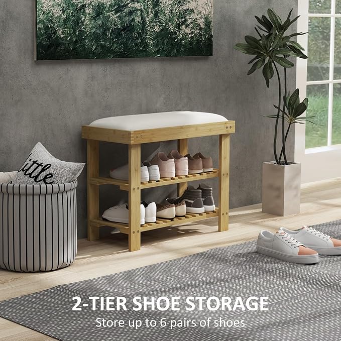 HOMCOM Bamboo Shoe Bench, 3-Tier Entryway Bench with Storage and Cushion, Shoe Organizer for Entryway, Hallway, Holds Up to 331 lbs, 23.6 x 11.4 x 19.3 Inches, Natural