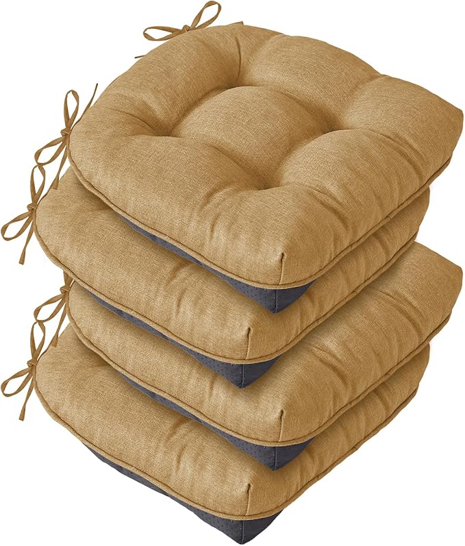 Chair Cushions for Dining Chairs, Seat Cushions for Kitchen Chairs, Indoor Seat Cushions with Ties, Tufted Foam Chair Pads, Non Slip Chair Cushions Set of 4, 15.5" x 15.5" x 4", Khaki