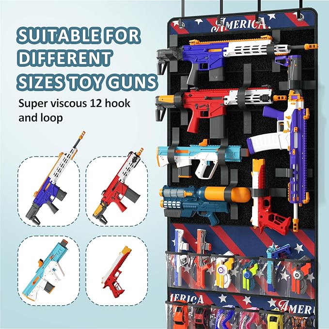 Over Door Toy Gun Storage, Hanging Organizer for Toy Guns, Toys Organizer with Pockets, Hook&Loop Straps for Foam Blasters, Darts, Goggle, Toys Storage Door Hanger for Kidroom, Gameroom