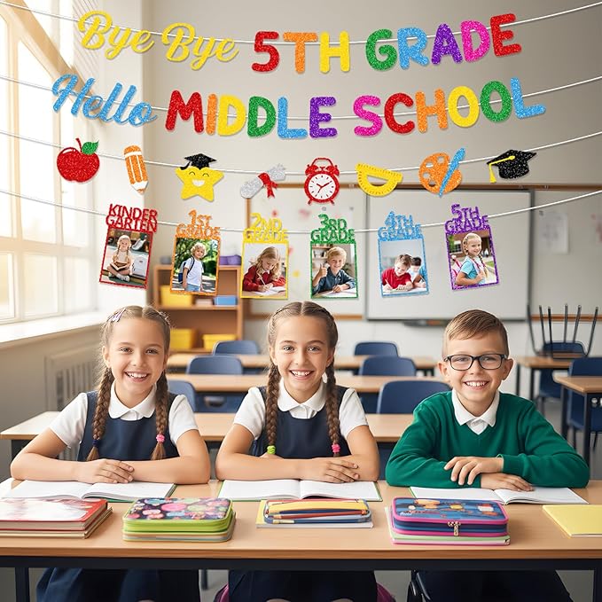 5th Grade Graduation Decorations - 4PCS Bye Bye 5th Grade Graduation Glitter Banners Photo Banner Decor, Colorful Primary Elementary School Congrats Grad Party Supplies (No-DIY)