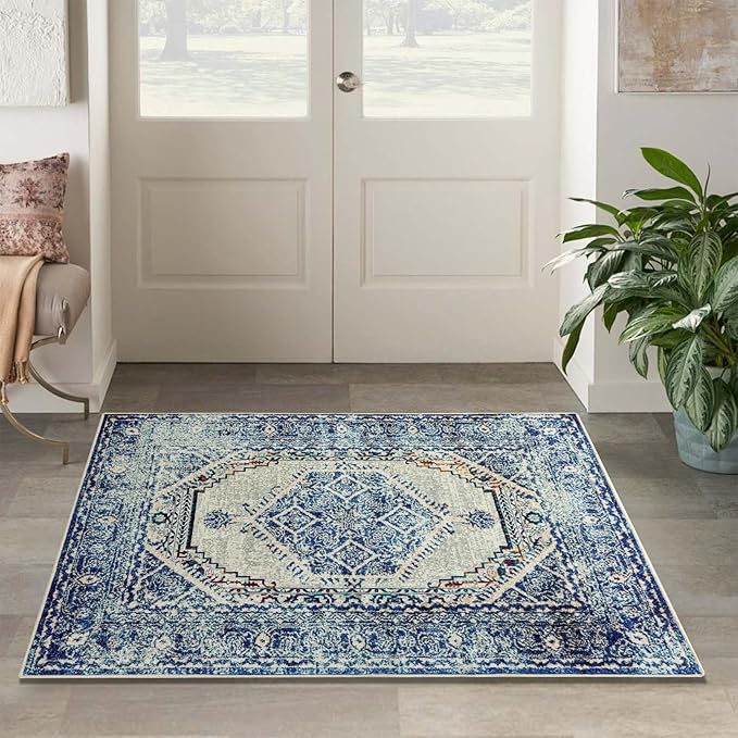 Easy-Going Area Rug 4x6 Washable Boho Rugs for Living Room Non-Slip Bedroom Rug Low Pile Lightweight Medallion Distressed Throw Rug for Dining Room Kitchen Home Office Carpet, Vintage Blue Cream