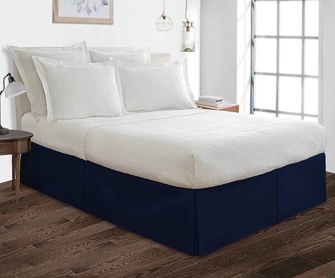100% Cotton 800 Thread Count Box Pleated Bed Skirt - Luxury Pleated Dust Ruffle, Hotel Quality Modern Bed Skirt, Easy Fit with 12 Inch Tailored Drop, Queen, Navy Blue