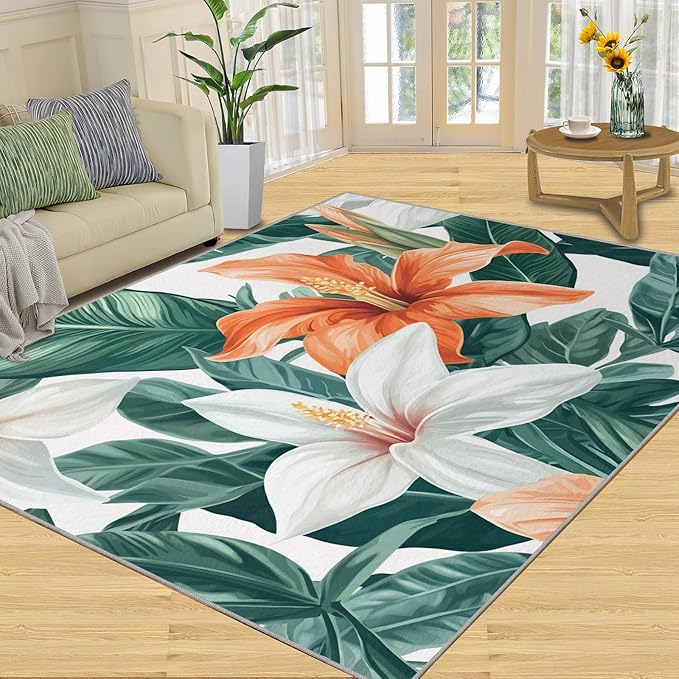 Lily Flowers Rugs for Bedroom - 3x5 Area Rug - Abstract 3D Flowers Rugs for Living Room, Tropical Plants Rug, Washable Home Decor Carpet