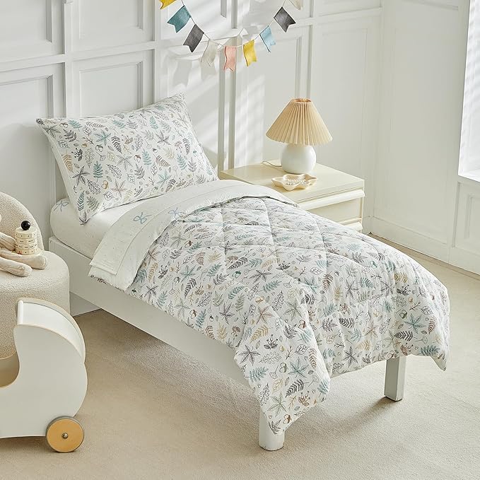 JHXHMX 4 Pieces Toddler Bedding Set for Girls,Leaves Pattern Toddler Comforter Set,Soft Crib Bed Set Including Comforter,Sheets and Pillowcase-Leaf