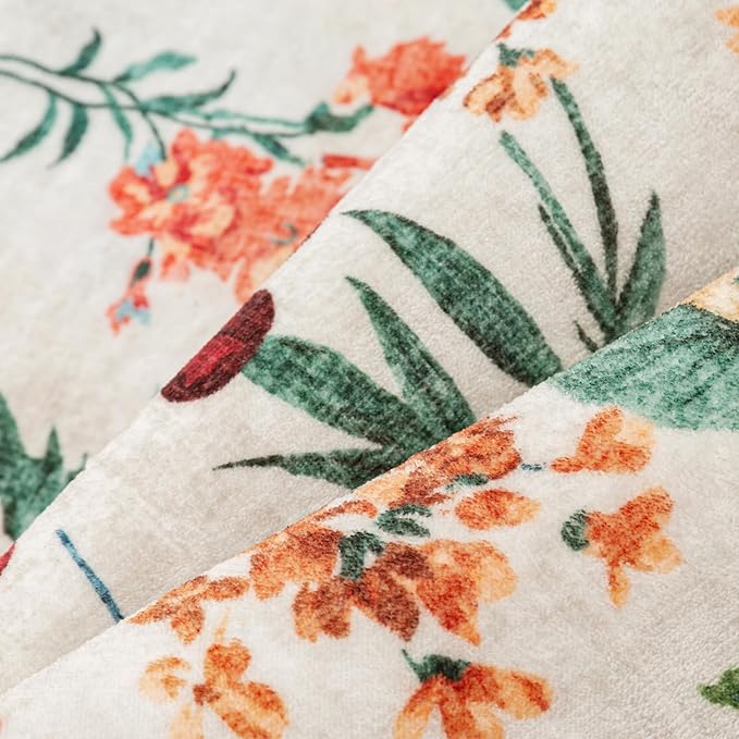 Beige Area Rug 5x7 Floral Washable Living Room Kitchen Boho Carpet Non Slip Low Pile Indoor Accent Lightweight Soft Throw Rug for Bedroom Office Dining Room Nursery Farmhouse