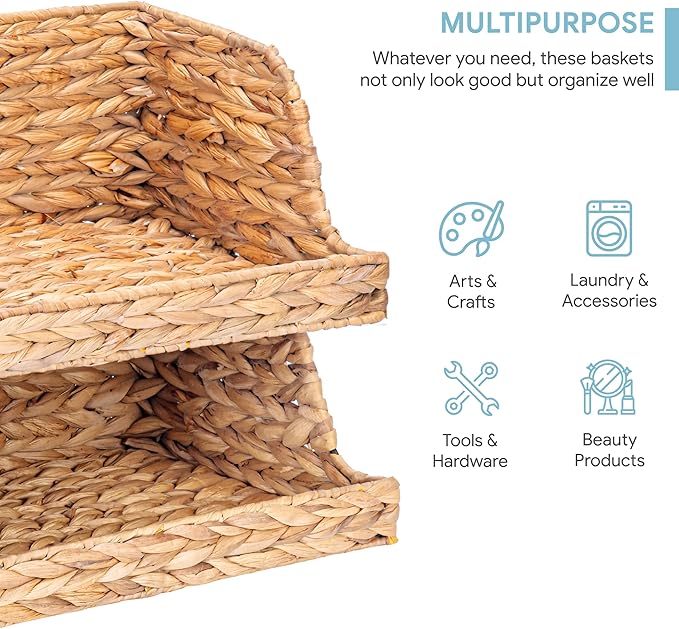 VATIMA Water Hyacinth Storage Baskets with Large Open-Front for Kitchen, Decorative for Living Room, 13.4” x 9.5” x 5.5”, 2 Pack