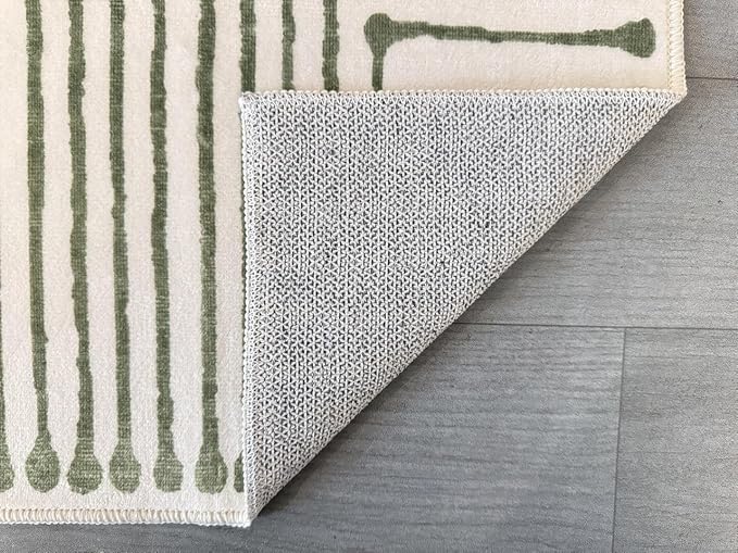 GLN Rugs Contemporary Collection - Machine Washable Area Rug, Contemporary Washable, Non Slip, Low Pile Chenille Rug, Living Room, Bedroom, Kitchen Rug (4' x 6' Green Beige)