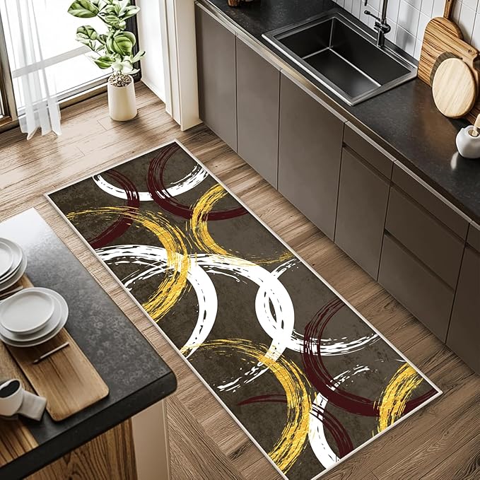 Gold White Red Circle Pattern Runner Rug, 2.6x7ft Washable Hallway Entrance Rugs - Corridor & Foyer Long Accent Rug, Modern Stylish Decor Carpet for Home Runner Non-Slip Mat