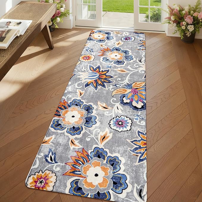 Lahome Floral Hallway Runner - 2x6 Washable Non-Slip Kitchen Runner Rug, Throw Lightweight Soft Bathroom Runner Rug Grey Paisley Print Indoor Carpet Runner for Entrance Bedroom Laundry Living Room