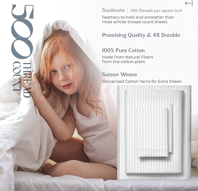 Mayfair Linen 100% Cotton Striped Sheets California King Size Bed Set - 500 Thread Count Damask Sheets Cal King Size 4 PC Set (White Stripe), Soft, Cooling, Sateen Weave 16" Deep Pocket Bedsheet