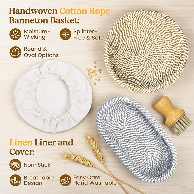 Sourdough Starter Kit with Cotton Rope Banneton Basket & Jar for Beginners