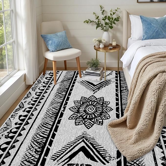 Area Rugs Moroccan for Living Room 5x8, Washable Non-Slip Boho Rug, Neutral Farmhouse Soft Carpet for Bedroom, Kitchen, Dining Room, Entryway, Geometric Print Tribal Carpets, Black and White