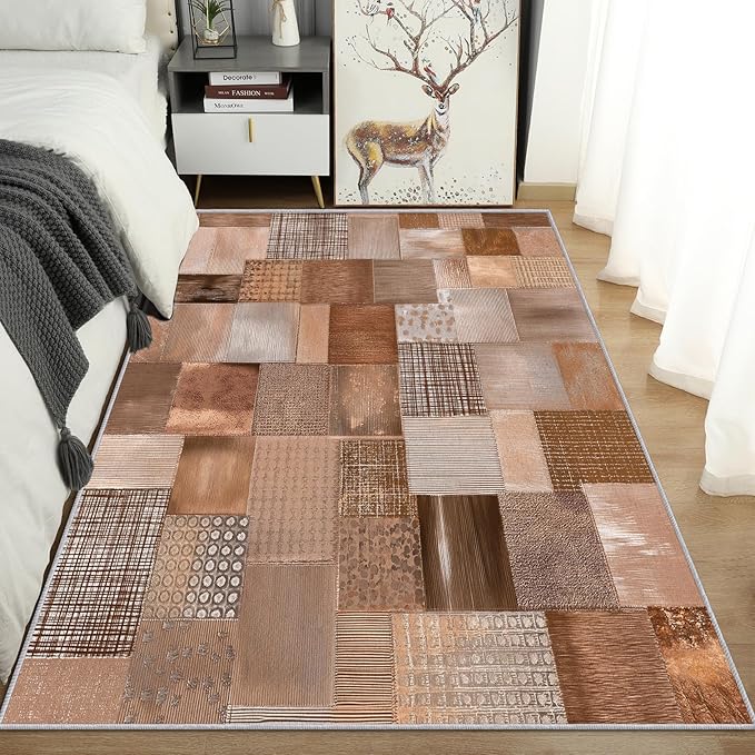 Patchwork Rug, Washable 3x5 Rug for Living Room, Geometric Brown Patterned Indoor Carpet, Patchwork Decor for Home, Bedroom, Soft Non Slip Thin Design FER4