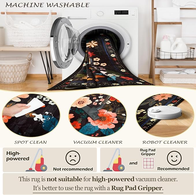 Floral 8ft Area Rug Machine Washable Soft Print Boho Carpet Non Slip Doormat Low Pile Flower Area Rugs for Living Room Bedroom Nursery Kitchen Dining Room Indoor-Black