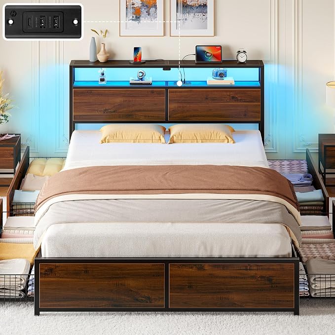 Rolanstar Queen Bed Frame with 4 Storage Drawers, Charging Station and LED