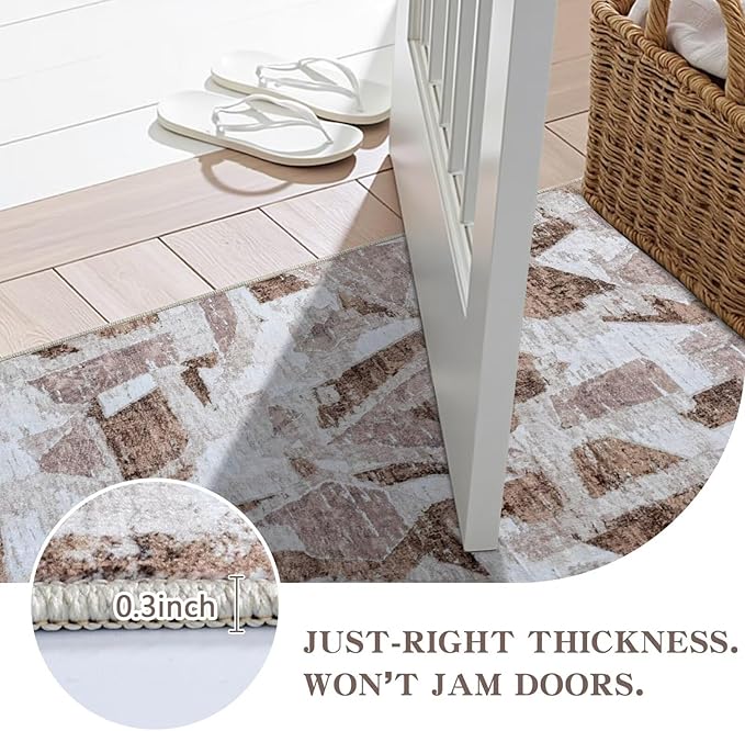 Modern Abstract Door Mat Indoor Entrance 2X3 Brown Rug Washable, Non-Slip Small Rugs for Entryway Bathroom Ultra-Thin, Throw Carpet for Kitchen Bedroom Nursery Kids Print Faux Wool
