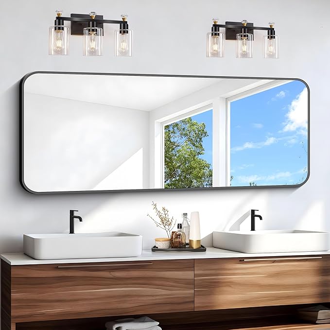 BONEWEI 24x60 inch Bathroom Mirror,Black Rectangle Mirror,Wall Mounted Bathroom Frame Vanity Mirror with Round Corner for Bedroom Living Room,Entryway Hangs Horizontal or Vertical
