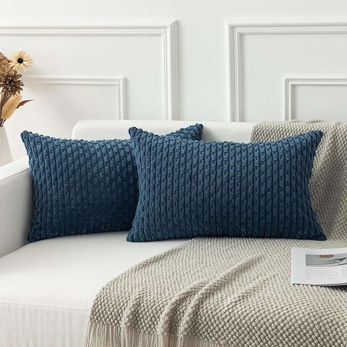 Kevin Textile 12x24 Inch Pillow Cover 1 Pack Boho Decorative Soft Striped Corduroy Lumbar Farmhouse Solid Color Accent Rectangle Cushion Case for Living Room Couch Sofa Bed, Blue