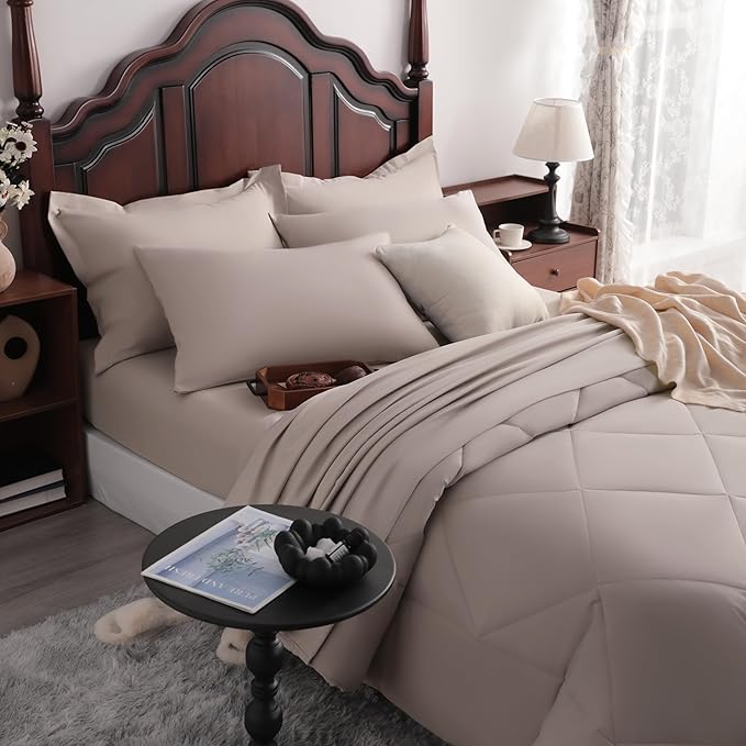 NTBAY King Comforter Set with Sheets, 7 Pieces Soft and Breathable King Bedding Set, Bed in a Bag, Down Alternative Comforter Set Solid Color All Season, King Bedding Set, Taupe