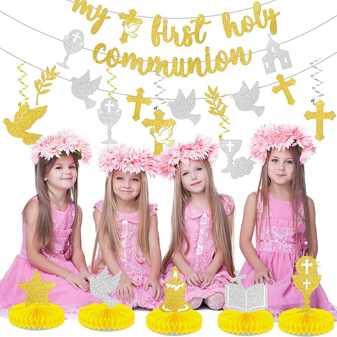 14PCS First Holy Communion Party Decorations My First Holy Communion Banners Hanging Swirls Glitter God Bless Cross Honeycomb Centerpieces For Christening Baptism Baby Shower Birthday Party Supplies