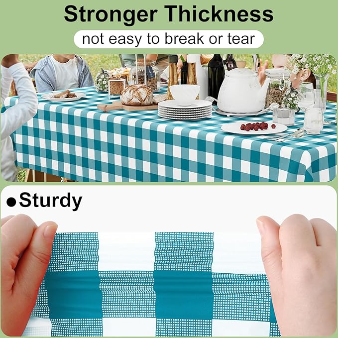 Smiry 8 Packs Gingham Disposable Table Cloth, 54 x 108 Inch Waterproof Plastic Tablecloth, Rectangle Turquoise and White Checkered Table Covers for Picnic, Birthday, Party