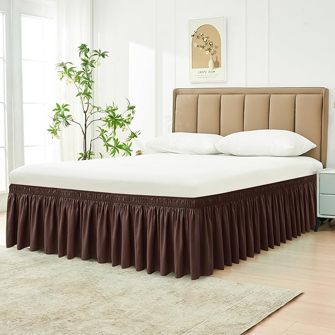 Biscaynebay Wrap Around Bed Skirts for King & Cal King Beds 17" Long Drop, Brown Adjustable Elastic Dust Ruffles Easy Fit Wrinkle & Fade Resistant Silky Luxurious Fabric Solid Machine Washable