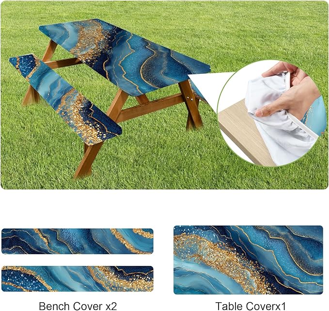 ANNA QUEEN 6FT Blue Marble Picnic Table Cover with Bench Covers Picnic Table Cover Set 3PCS 72"x30", Waterproof Outdoor Bench and Tablecloth Furniture Protection for Camping