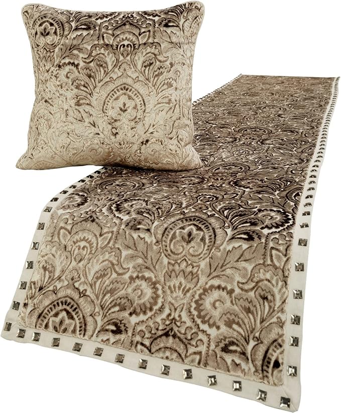 The HomeCentric King/Queen/Twin Beige Decorative Queen 74"x18" Bed Runner Without Pillow Cover, Velvet Damask & Crystal Border Bed Scarf on Velvet Fabric - Henriretta
