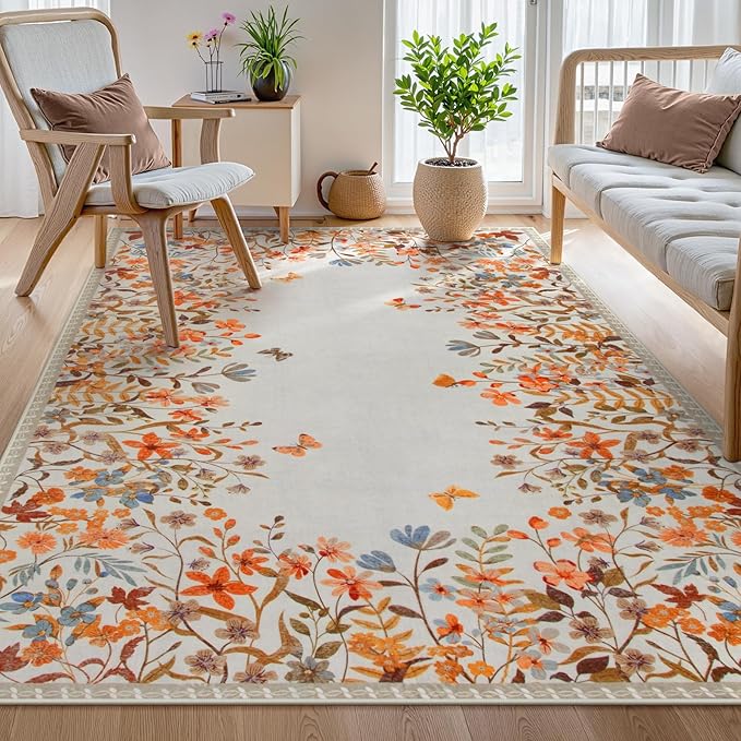 Wonnitar Floral Washable Area Rug 4x6 Halloween Rug, Non-Slip Soft Fall Rugs for Bedroom, Low Pile Botanical Nursery Rug Carpet for Bedside Kids Room Dorm Decor (Orange,4'x6')