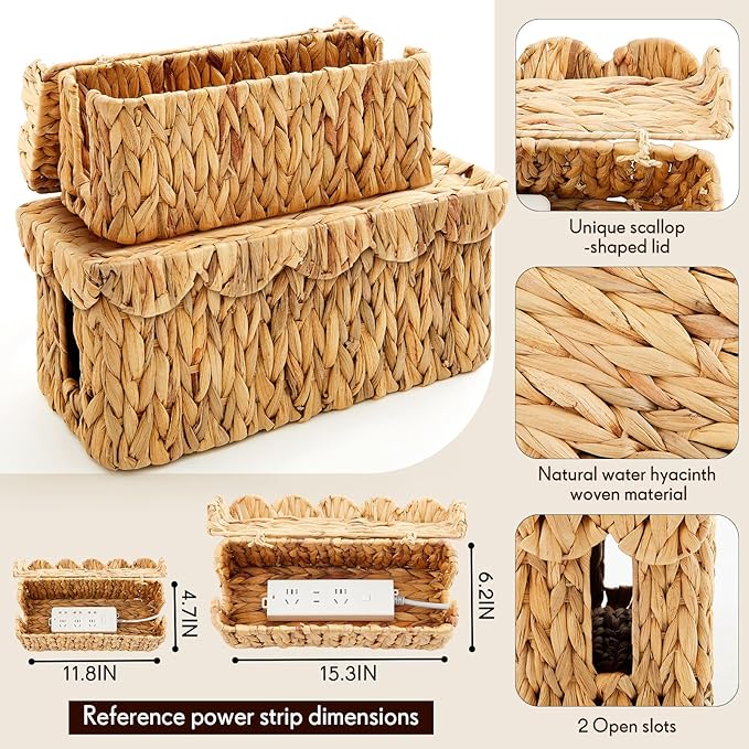 Patelai 2 Pack Scalloped Cable Management Box, Handwoven Water Hyacinth Cord Cable Organizer Box with Lid, 2 Open Slots Cord Basket for Power Strips & TV Wires, Desk, Floor, Office (Natural Color)