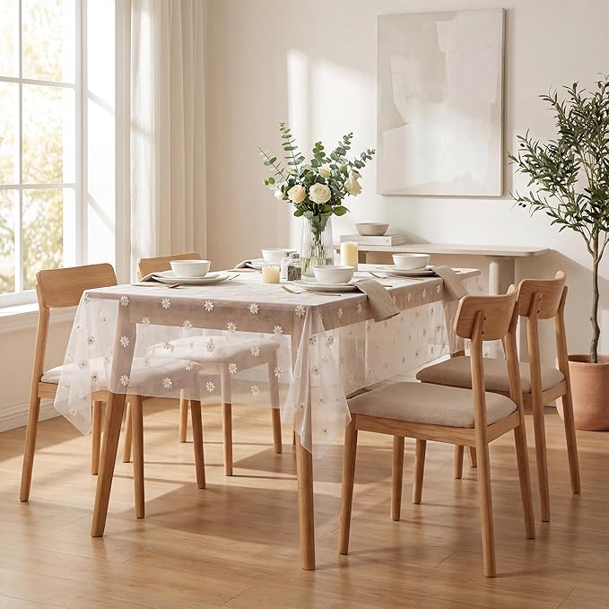 Horaldaily White Embroidery Daisy Spring Summer Gauze Tablecloth 60×104 Inch Rectangular, Seasonal Tulle Table Cover, Garden Party Decorations for Wedding, Party, Holiday Dining