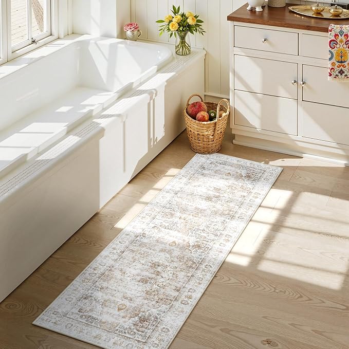 Uphome Bathroom Rugs Runner, Distressed Farmhouse Boho Light Khaki Bath Mat, Non Slip Washable Long Bath Rugs, Vintage Traditonal Soft Velvet Bathroom Runner for Bathtub Sink Shower, 18x47 inch