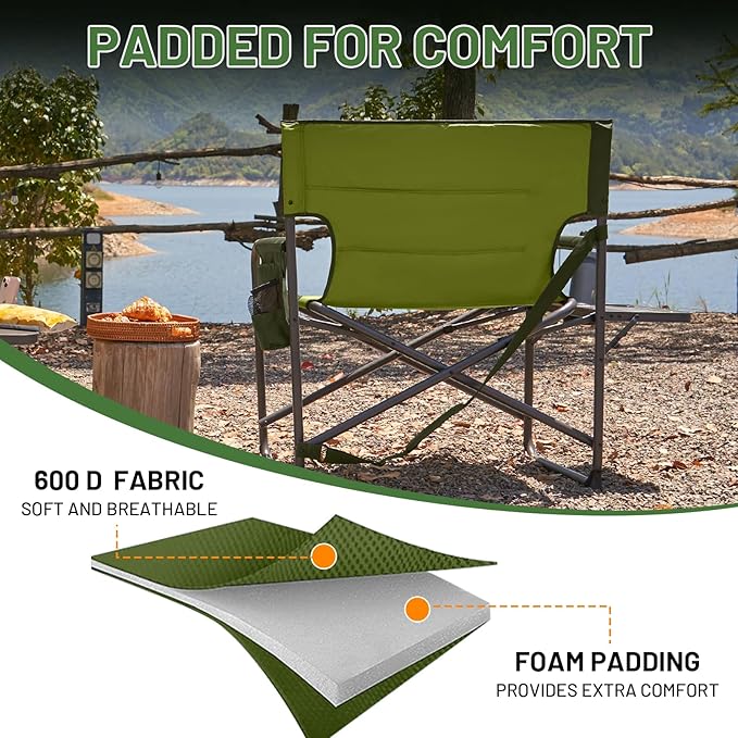 TIMBER RIDGE XXL Director’s Chair – Heavy Duty Folding Chair with Side Table, 500 lb Capacity, Extra Wide Padded Seat for Camping, Sports, Beach, Patio, and Outdoor Use, Green-2 Pack
