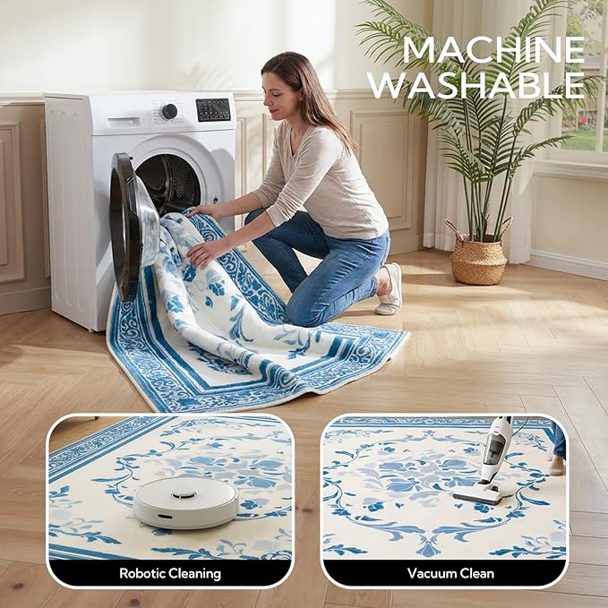 SOULFUL Medium Pile 4x6 Rugs for Living Room - Cozy Soft Underfoot Area Rug - Mist Blue Boho Floral - Washable Non-Slip - Perfect for Bedroom Kids Room Under Dining Table Office
