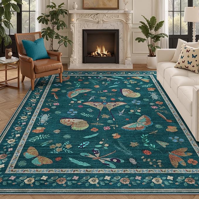 8x10 Area Rugs with Insect Print - Bug Rug Non-Shedding Stain Resistant Soft Carpet for Bedroom, Low Pile Ultra-Thin Machine Washable Carpet for Dining Room, Kids Nursery, Office (8'x10' Teal)