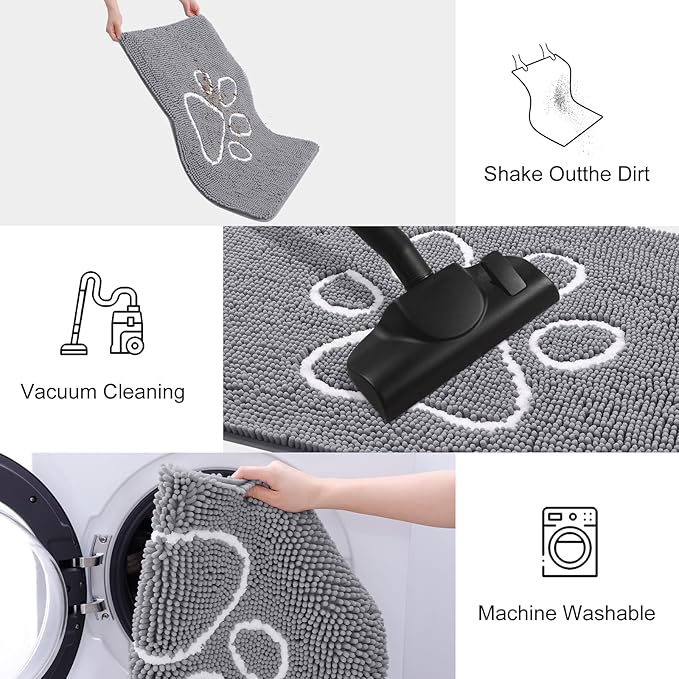 Smiry Dog Door Mat for Muddy Paws, Absorbent Dirt Trapper Non Slip Quick Dry Washable Chenille Mat for Mud Dogs, Entry Rug for Indoor and Outdoor (40x32 Inches, Grey and White)