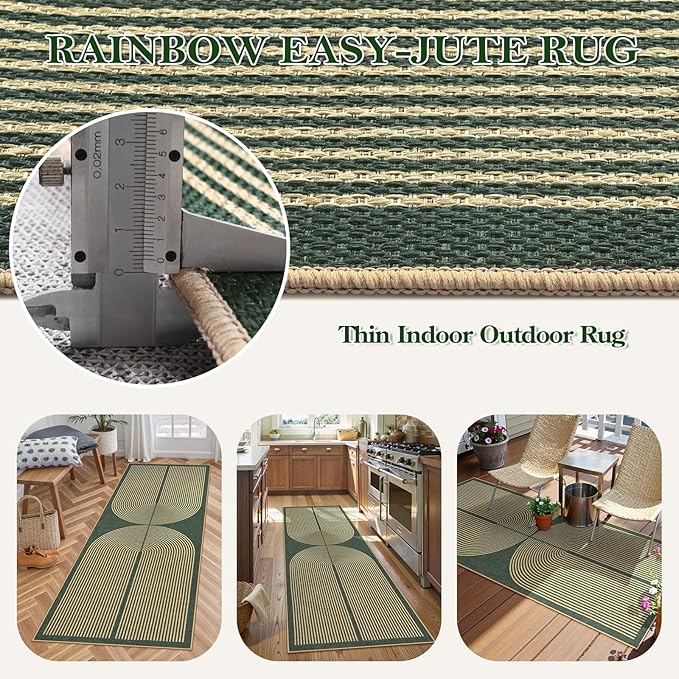 Lahome Modern Rainbow Easy Jute Entryway Runner Rug, Washable Carpet Runners for Hallway 6ft, Farmhouse Non Slip Stain Resistant Kitchen Mats for Floor Laundry Room Porch Bedroom, Dark Green