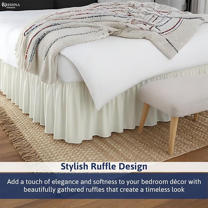 KRISHNA Ruffled Bed Skirt with Split Corners Full, 100% Microfiber Hotel Quality, 10 Inch Drop Dust Ruffle Gathered Bedskirt with Platform, 54" x 75", Ivory