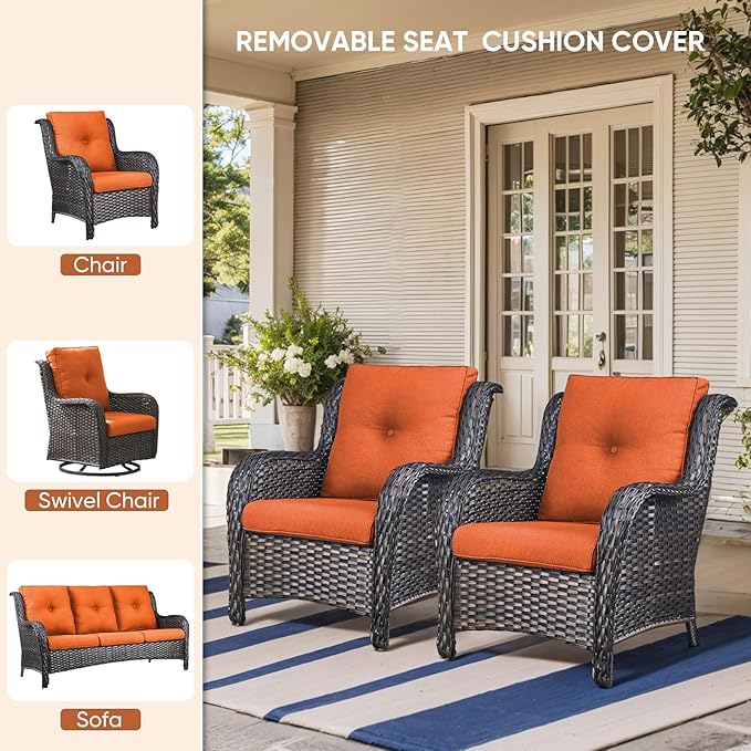 7-Piece Outdoor Patio Cushion Set - Fade & Water Resistant with Removable Olefin Cover, 22x24x4 Inch Memory Foam Cushions for Wicker Sectional Sof - Orange/Buckle