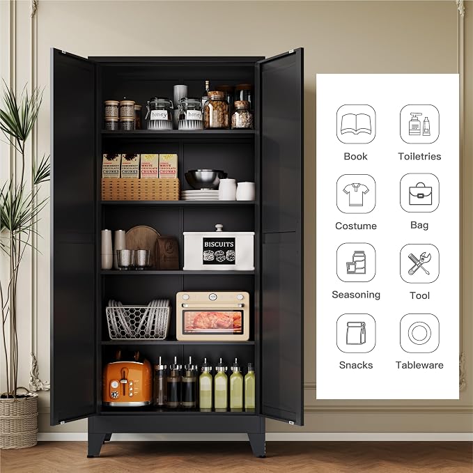 YAUWOH 71''Metal Cabinet with 4 Adjustable Shelves, 5-Tier Pantry Storage