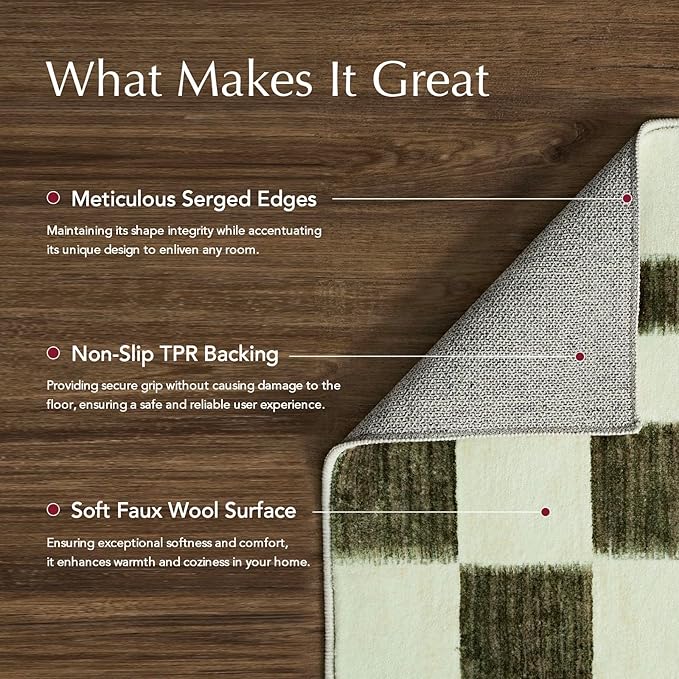 EVERGRACE Checkered Plaid Area Rug 4x6, Soft Fuzzy Faux Wool Rugs Washable Anti Slip Rugs Large Rug Carpet for Entryway Bedroom Living Room Hallway Kitchen Dining Room and Laundry Room, Olive Green
