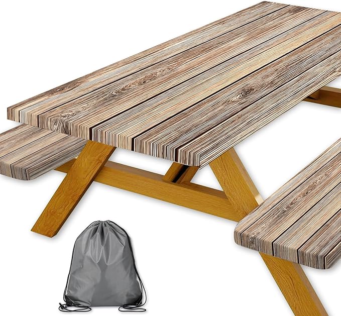 Picnic Table Cover with Bench Covers Camping Essentials Farmhouse Waterproof Windproof Wood Grain Camping Tablecloth Fitted Tablecloth Cover with Elastic Edge for Indoor & Outdoor 3 PCS 30x96 Inch