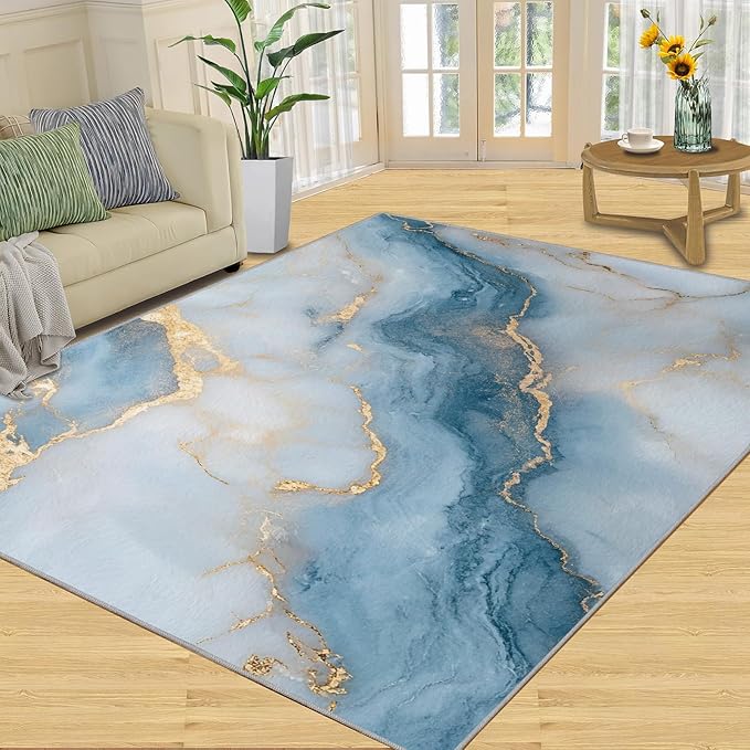 3x4 Abstract Marble Rugs for Entryway - Blue-White-Marble Kids Bedroom Rug, Luxury Stone Pattern Mudroom Rug Soft for Coffee Shop Living Room Under Table Game Room