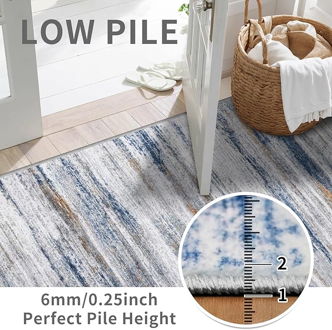 3x8 Washable Runner Rug for Family: Easy-to-Clean Runners for Hallway Entryway Kitchen Bedroom - Stain and Water Resistant Rugs with Non-Slip Backing - Soft Low-Pile Carpet Navy Grey