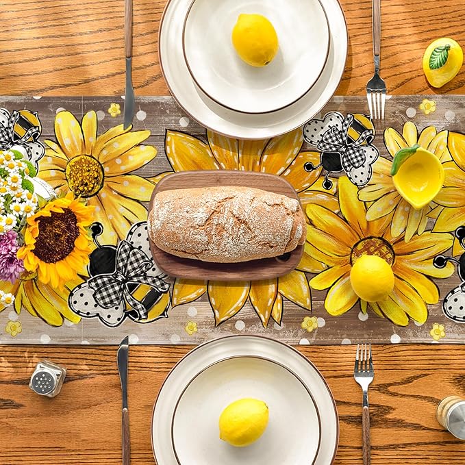 Artoid Mode Wood Sunflower Bee Flower Polka Dot Summer Table Runner, Seasonal Kitchen Dining Table Decoration for Home Party Decor 13x120 Inch